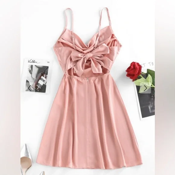 ZAFUL Bownit Draped Satin A-Line Slip Pink Dress NWT - Picture 2 of 4